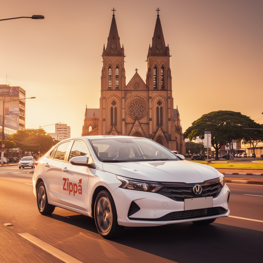 Carro Zippa Mobilidade na cidade ao pôr do sol