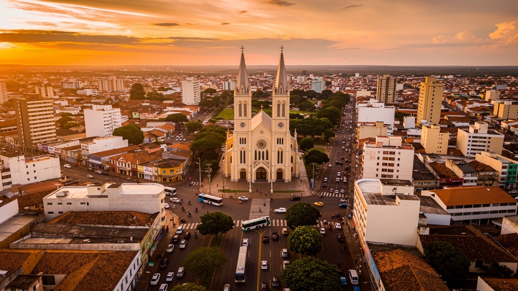 Vista aérea de Campo Mourão ao pôr do sol